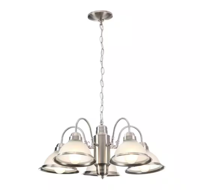 Hampton Bay Halophane 5-Light Brushed Nickel Chandelier with Frosted Ribbed Glass Shades