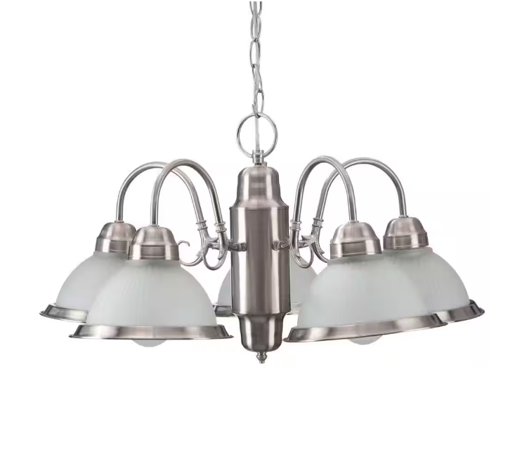 Hampton Bay Halophane 5-Light Brushed Nickel Chandelier with Frosted Ribbed Glass Shades