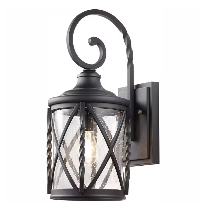 Home Decorators Collection Walcott Manor 18.75 in. 1-Light Black Industrial Hardwired Outdoor Wall Light Lantern Sconce with Clear Seeded Glass