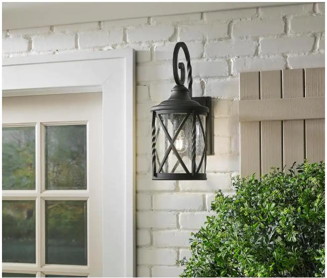 Home Decorators Collection Walcott Manor 18.75 in. 1-Light Black Industrial Hardwired Outdoor Wall Light Lantern Sconce with Clear Seeded Glass