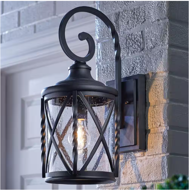 Home Decorators Collection Walcott Manor 18.75 in. 1-Light Black Industrial Hardwired Outdoor Wall Light Lantern Sconce with Clear Seeded Glass