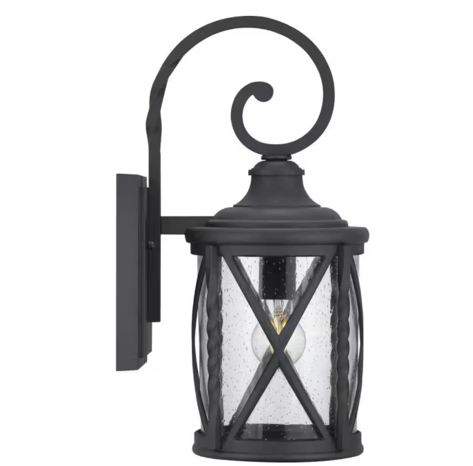 Home Decorators Collection Walcott Manor 18.75 in. 1-Light Black Industrial Hardwired Outdoor Wall Light Lantern Sconce with Clear Seeded Glass