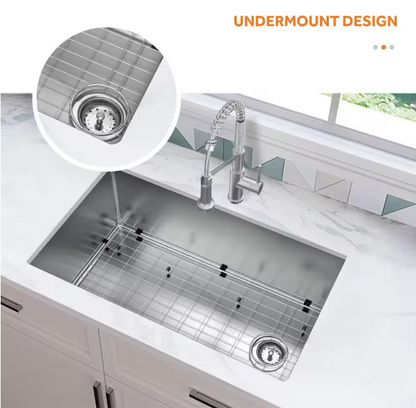 Glacier Bay Tight Radius 31 in. Undermount Single Bowl 18 Gauge Stainless Steel Kitchen Sink with Accessories