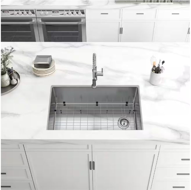 Glacier Bay Tight Radius 31 in. Undermount Single Bowl 18 Gauge Stainless Steel Kitchen Sink with Accessories