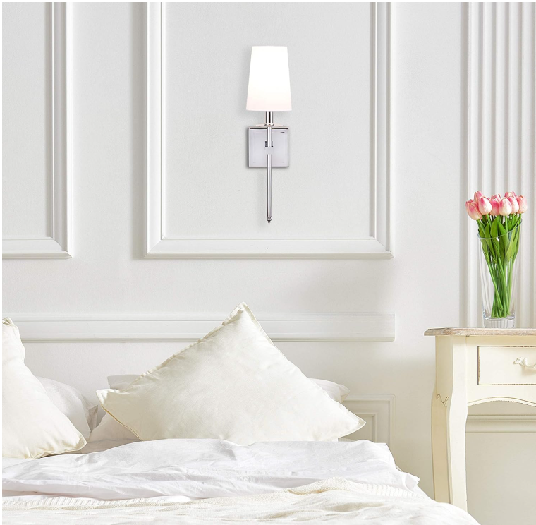 Linea di Liara Torcia Chrome Wall Sconce With White Fabric Shade - Modern Bathroom, Bedroom, and Hallway Light Fixture - Indoor Lighting, UL Listed