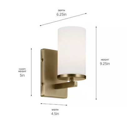 KICHLER Crosby 1-Light Natural Brass Bathroom Indoor Wall Sconce Light with Satin Etched Cased Opal Glass Shade