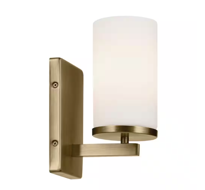 KICHLER Crosby 1-Light Natural Brass Bathroom Indoor Wall Sconce Light with Satin Etched Cased Opal Glass Shade