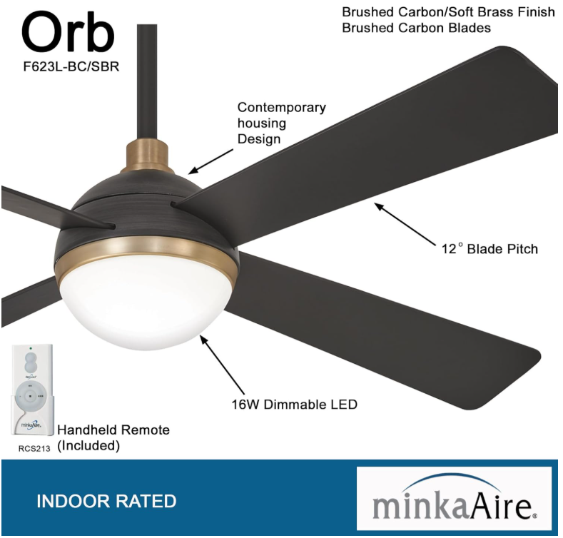 MINKA-AIRE F623L-BC/SBR Orb 54 Inch Ceiling Fan with Integrated 16W LED Light, Black Brushed Carbon/Soft Brass Finish