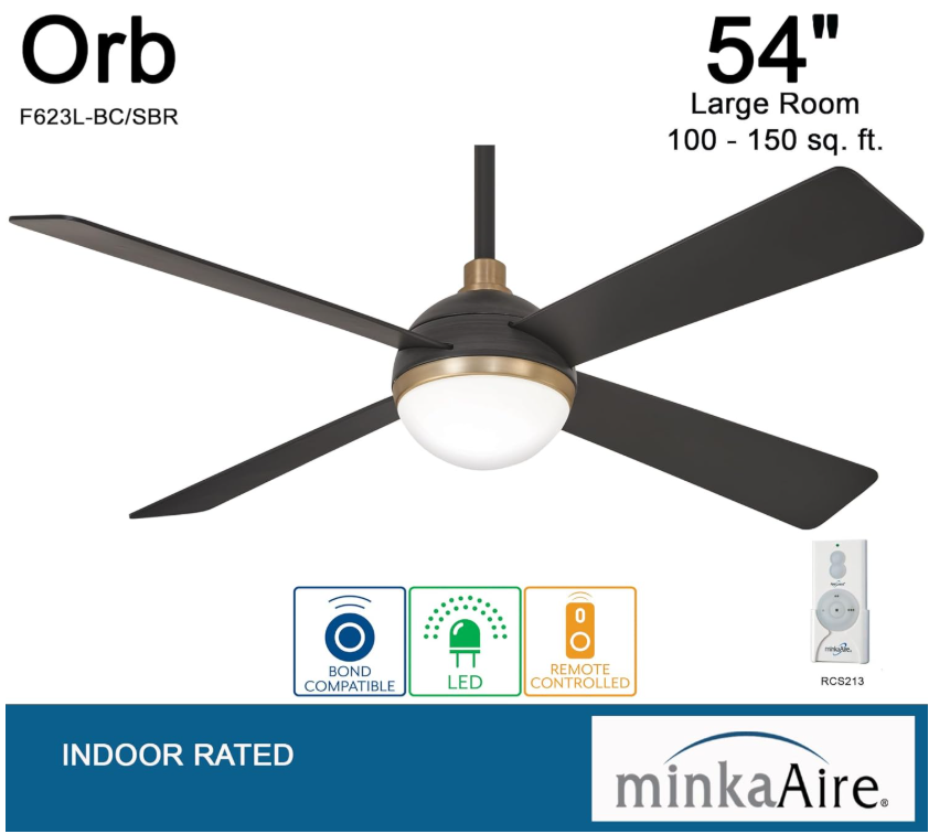 MINKA-AIRE F623L-BC/SBR Orb 54 Inch Ceiling Fan with Integrated 16W LED Light, Black Brushed Carbon/Soft Brass Finish