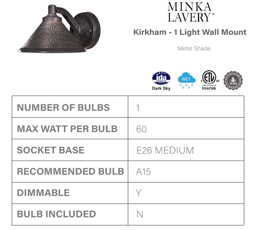 Minka Lavery Outdoor Wall Light 8101-A138, Kirkham Dark Sky Exterior Wall Lantern, Aspen Bronze