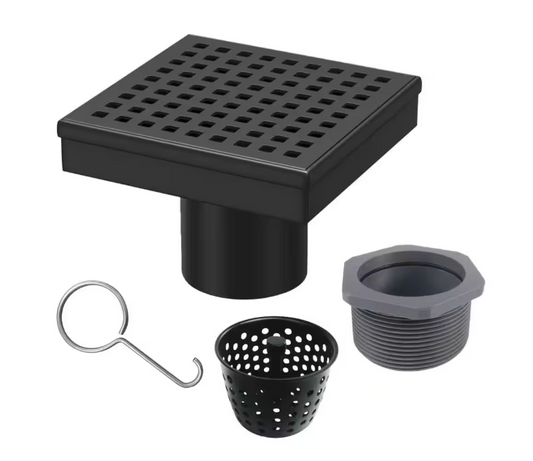RELN 4 in. x 4 in. Matte Black Square Shower Drain with Square Pattern Drain Cover