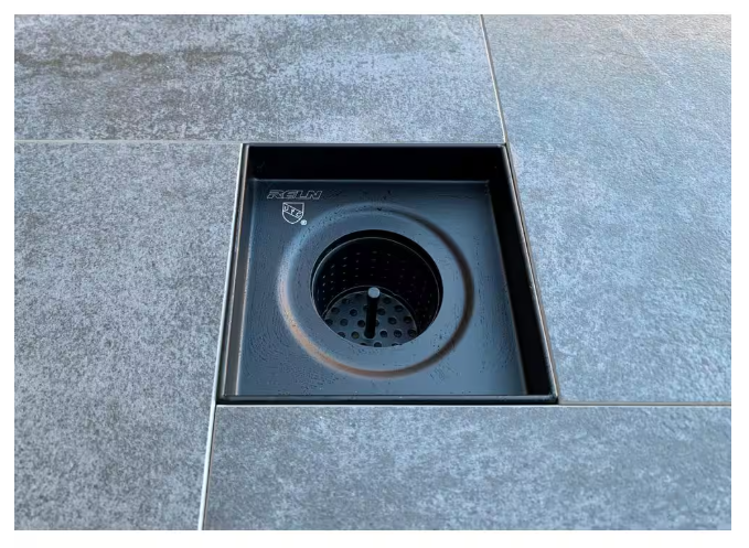 RELN 4 in. x 4 in. Matte Black Square Shower Drain with Square Pattern Drain Cover