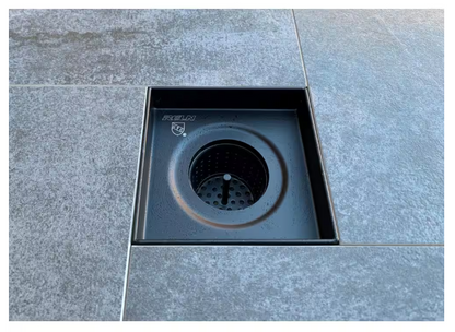 RELN 4 in. x 4 in. Matte Black Square Shower Drain with Square Pattern Drain Cover