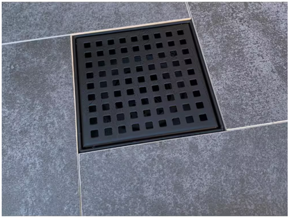 RELN 4 in. x 4 in. Matte Black Square Shower Drain with Square Pattern Drain Cover