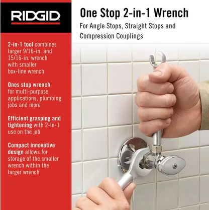 RIDGID One Stop Wrench for Angle Stops, Straight Stops, and Compression Couplings, 2-in-1 Plumbing Wrench for Common Nut Sizes