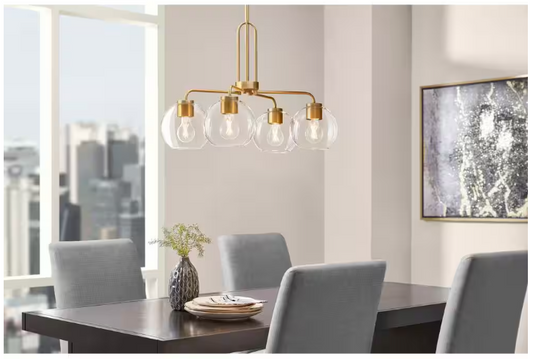 Hampton Bay Nelwyn 25 in. 4-Light Vintage Brass Chandelier with Clear Glass Globe Shades
