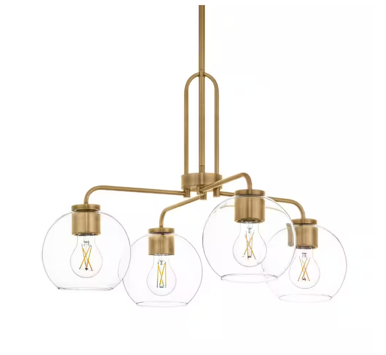 Hampton Bay Nelwyn 25 in. 4-Light Vintage Brass Chandelier with Clear Glass Globe Shades