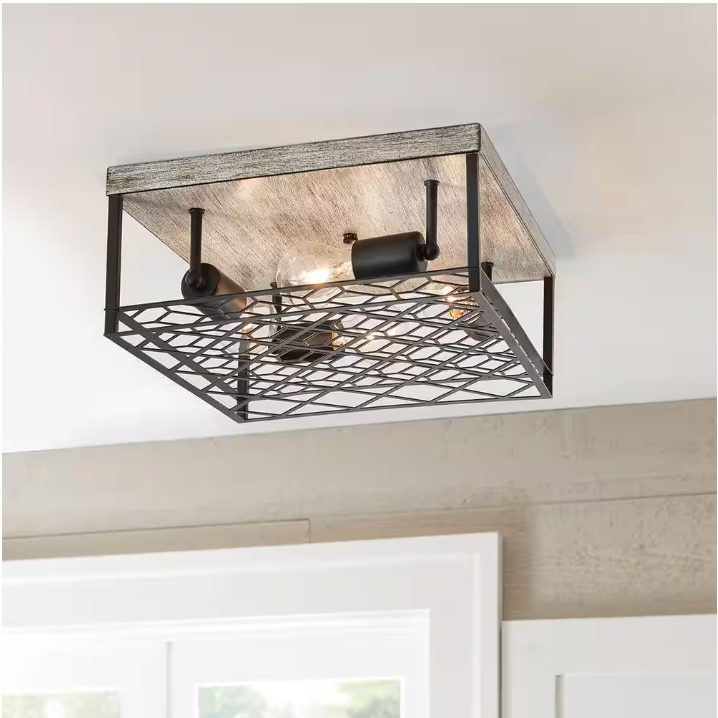 Hampton Bay Heather Glen 12.4 in. 4-Light Black Square Flush Mount, Industrial Ceiling Light