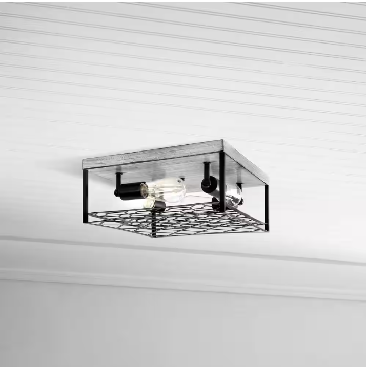 Hampton Bay Heather Glen 12.4 in. 4-Light Black Square Flush Mount, Industrial Ceiling Light