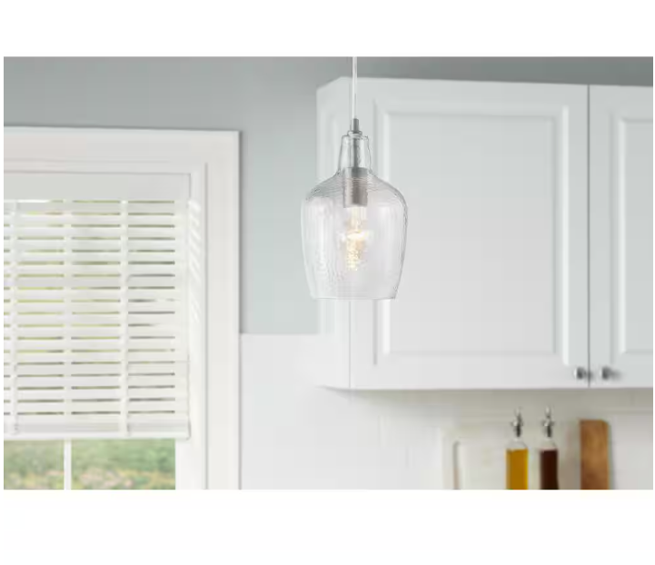 Hampton Bay Gillian 1-Light Brushed Nickel Cone Mini Pendant with Clear Hammered Glass, Pendant Light for Kitchen