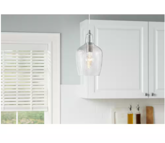 Hampton Bay Gillian 1-Light Brushed Nickel Cone Mini Pendant with Clear Hammered Glass, Pendant Light for Kitchen