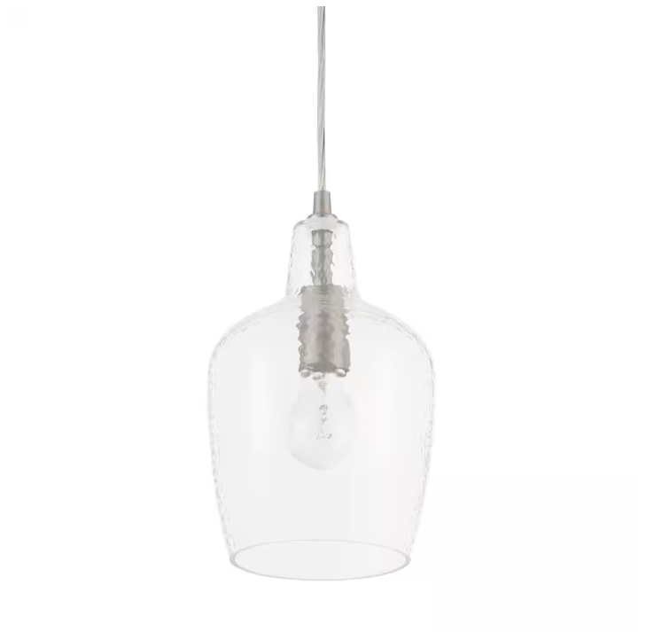 Hampton Bay Gillian 1-Light Brushed Nickel Cone Mini Pendant with Clear Hammered Glass, Pendant Light for Kitchen