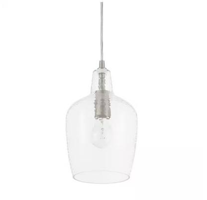 Hampton Bay Gillian 1-Light Brushed Nickel Cone Mini Pendant with Clear Hammered Glass, Pendant Light for Kitchen