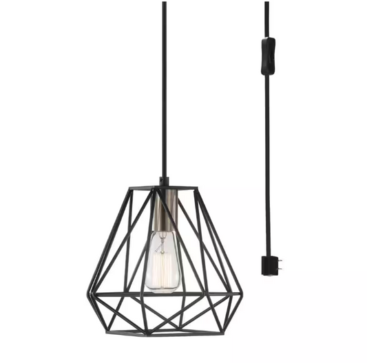 Hampton Bay Brielle 60-Watt 1-Light Matte Black Shaded Pendant Light with Cage Shade