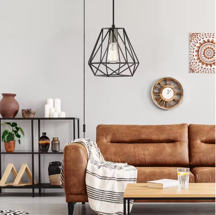Hampton Bay Brielle 60-Watt 1-Light Matte Black Shaded Pendant Light with Cage Shade