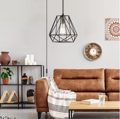 Hampton Bay Brielle 60-Watt 1-Light Matte Black Shaded Pendant Light with Cage Shade