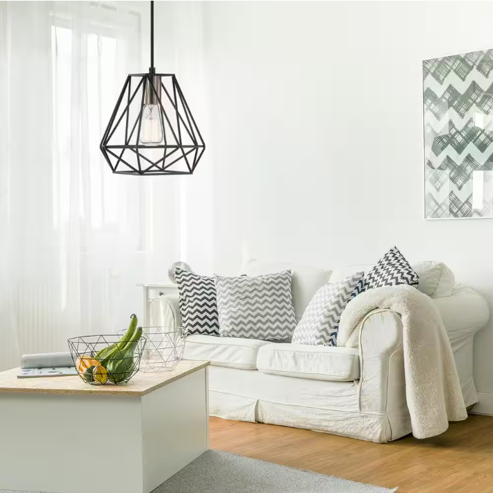 Hampton Bay Brielle 60-Watt 1-Light Matte Black Shaded Pendant Light with Cage Shade