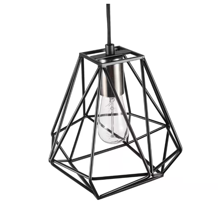 Hampton Bay Brielle 60-Watt 1-Light Matte Black Shaded Pendant Light with Cage Shade