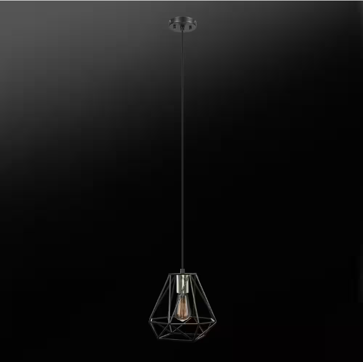 Hampton Bay Brielle 60-Watt 1-Light Matte Black Shaded Pendant Light with Cage Shade