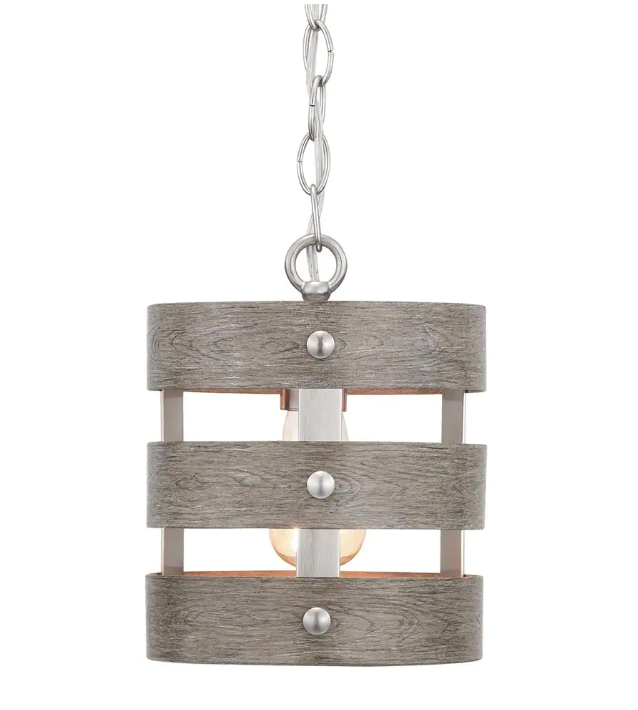 Progress Lighting Gulliver 1-Light Brushed Nickel Mini-Pendant with Weathered Gray Wood Accents