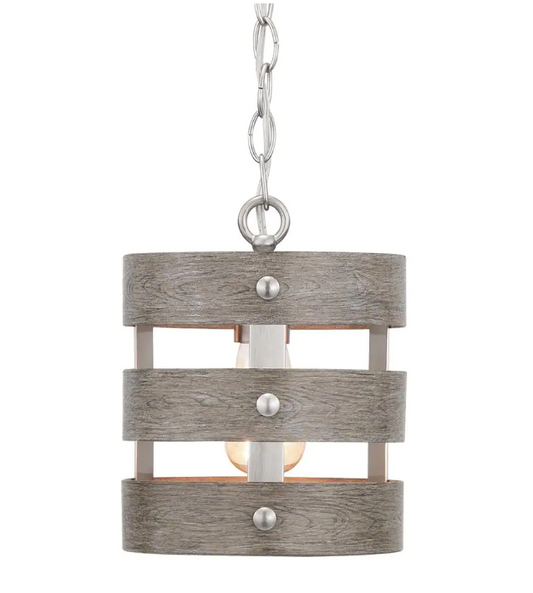 Progress Lighting Gulliver 1-Light Brushed Nickel Mini-Pendant with Weathered Gray Wood Accents