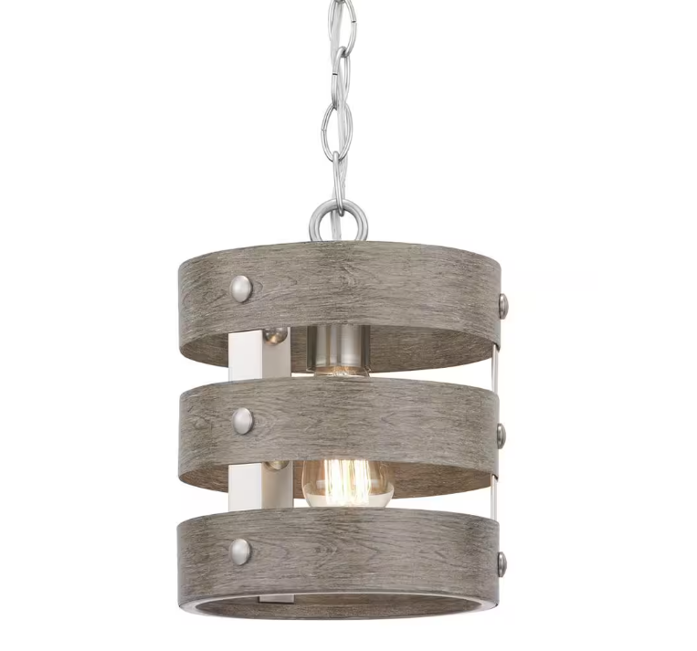 Progress Lighting Gulliver 1-Light Brushed Nickel Mini-Pendant with Weathered Gray Wood Accents