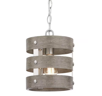 Progress Lighting Gulliver 1-Light Brushed Nickel Mini-Pendant with Weathered Gray Wood Accents