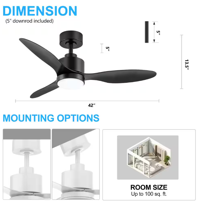 Breezary Sawyer 42 in. Indoor Black Ceiling Fan with Integrated LED Light and Remote Control Included