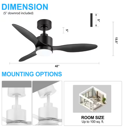 Breezary Sawyer 42 in. Indoor Black Ceiling Fan with Integrated LED Light and Remote Control Included