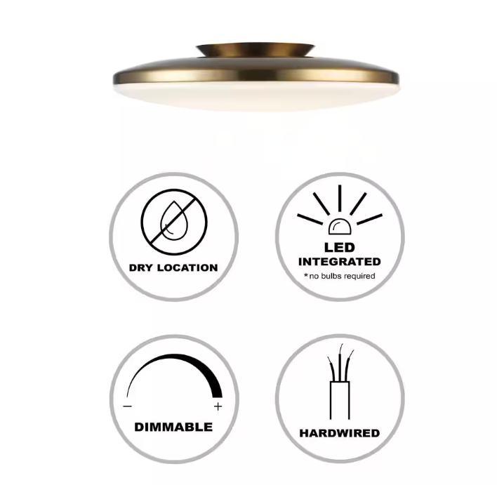 Monteaux Lighting 13 in. Brass Integrated LED Semi-Flush Mount Ceiling Light with Acrylic Shade