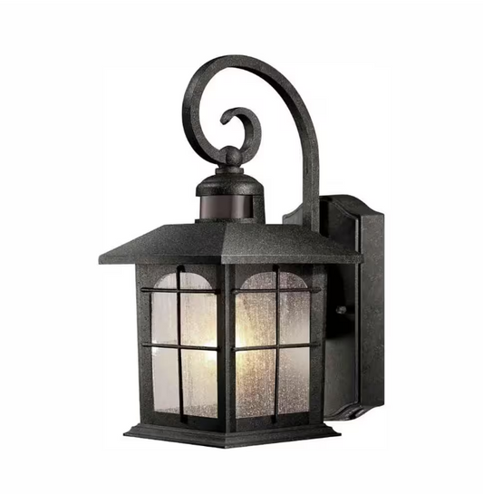 Home Decorators Collection Brimfield Motion-Sensing 14.2 in. Aged Iron 1-Light Line Voltage Outdoor Wall Light Sconce with No Bulb Included