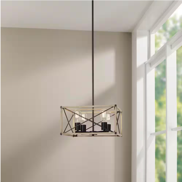 Hampton Bay Madison Landing 4-Light Caged Matte Black Rectangular Pendant Hanging Light with Washed White Farmhouse Wood Accents