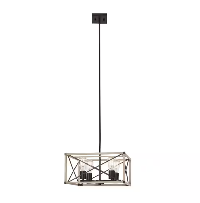 Hampton Bay Madison Landing 4-Light Caged Matte Black Rectangular Pendant Hanging Light with Washed White Farmhouse Wood Accents