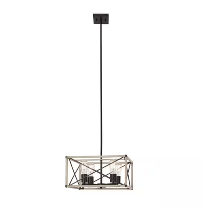 Hampton Bay Madison Landing 4-Light Caged Matte Black Rectangular Pendant Hanging Light with Washed White Farmhouse Wood Accents