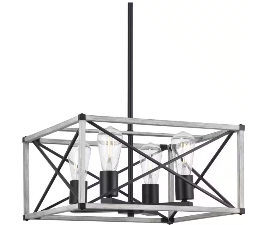 Hampton Bay Madison Landing 4-Light Caged Matte Black Rectangular Pendant Hanging Light with Washed White Farmhouse Wood Accents