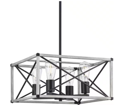 Hampton Bay Madison Landing 4-Light Caged Matte Black Rectangular Pendant Hanging Light with Washed White Farmhouse Wood Accents