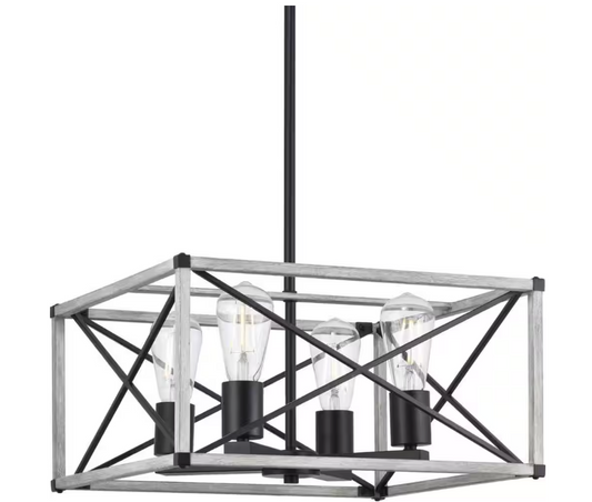 Hampton Bay Madison Landing 4-Light Caged Matte Black Rectangular Pendant Hanging Light with Washed White Farmhouse Wood Accents