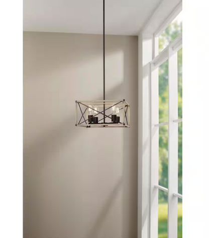 Hampton Bay Madison Landing 4-Light Caged Matte Black Rectangular Pendant Hanging Light with Washed White Farmhouse Wood Accents