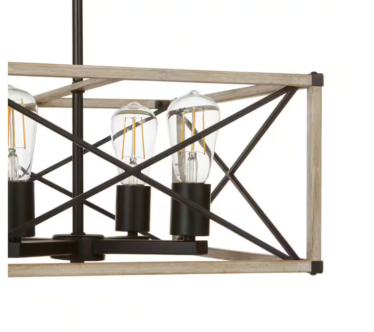 Hampton Bay Madison Landing 4-Light Caged Matte Black Rectangular Pendant Hanging Light with Washed White Farmhouse Wood Accents