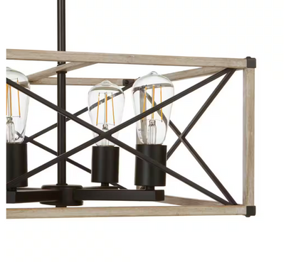 Hampton Bay Madison Landing 4-Light Caged Matte Black Rectangular Pendant Hanging Light with Washed White Farmhouse Wood Accents